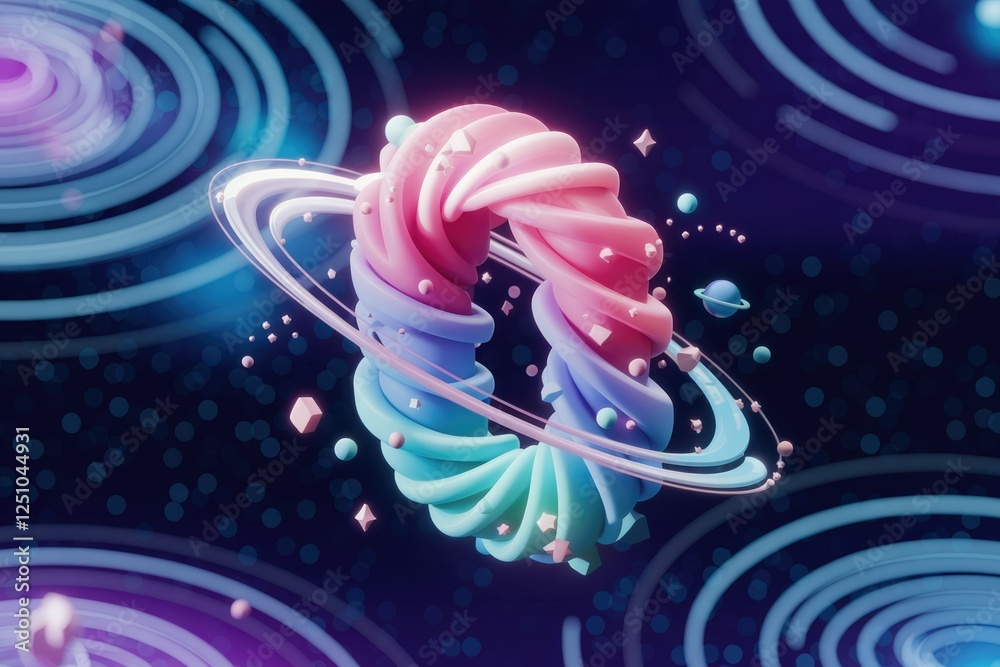 Poster a whimsical 3d render of a pastel-colored swirl orbiting in space, surrounded by planets and stars.