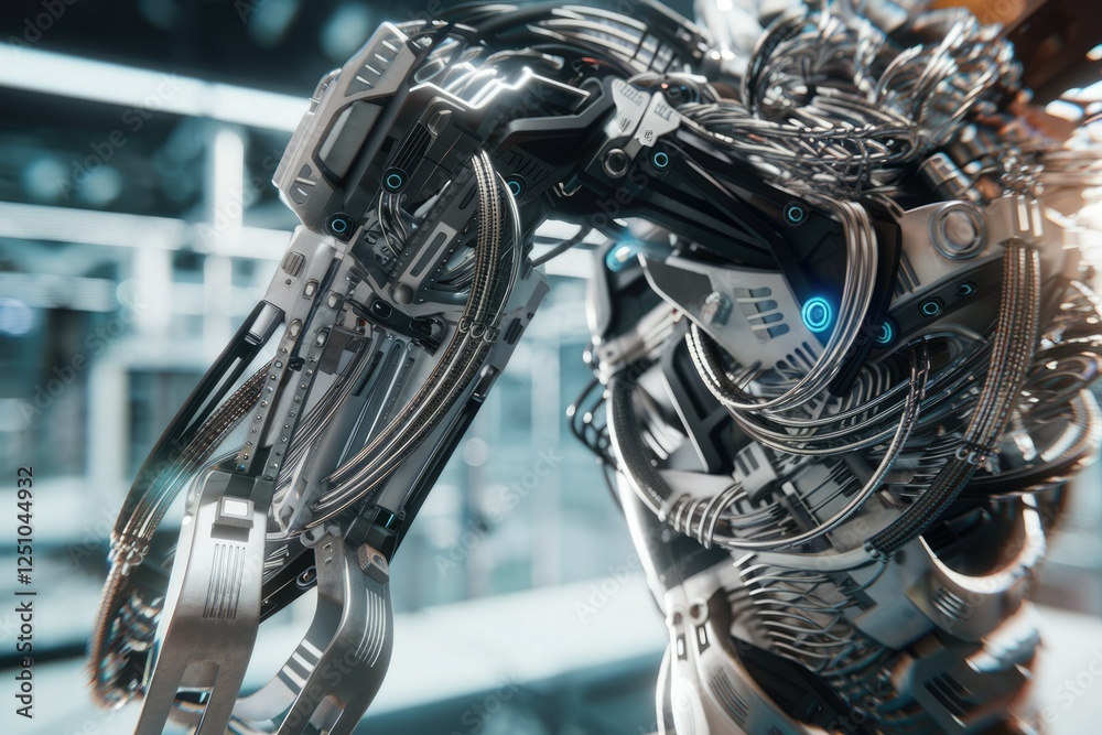 Poster close-up of a complex robotic arm, showcasing intricate mechanical details and wiring.