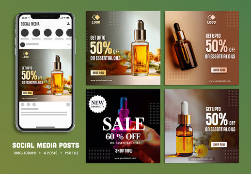 Essential Oil Sale Social Media Posts with Smartphone Mockup for Beauty and Fashion Blogs.