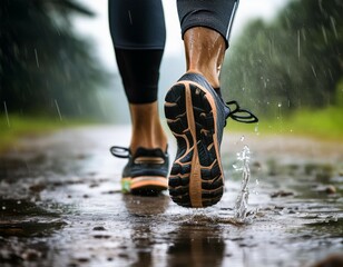 close up of sport shoes while running in the rain