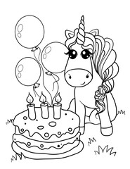 Birthday unicorn. Cake with candles and balloons. Black and white coloring.