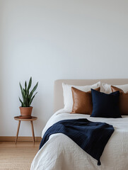 Clean and simple bedroom with white and blue decor. Great for modern and minimalist interior design.