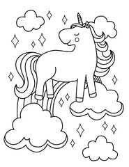 Cute unicorn in the clouds. Black and white coloring.