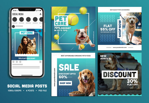 Social Media Sale Posts with Smartphone Mockup for Pet Care Shop Adoption.