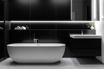 Fototapeta premium Modern Black and White Bathroom Interior Design: Minimalist Luxury