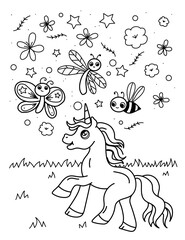 Naklejka premium Unicorn with butterfly, bee, dragonfly and flowers in meadow. Black and white coloring.