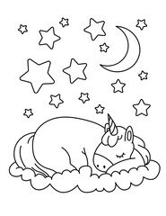 Unicorn is sleeping on a cloud. Night sky with stars and moon. Black and white coloring.