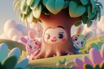 Naklejka premium Adorable cartoon bunnies playfully peek from behind a friendly, smiling tree in a whimsical, pastel landscape.