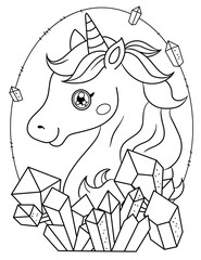 Cute unicorn with crystals and diamonds. Black and white coloring.