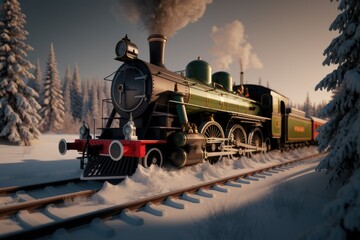 Naklejka premium A vintage steam locomotive chugs through a snowy winter landscape, emitting steam.