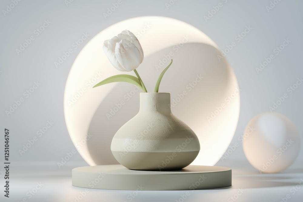 Poster a single white tulip in a beige vase sits on a minimalist platform, illuminated by soft lighting.