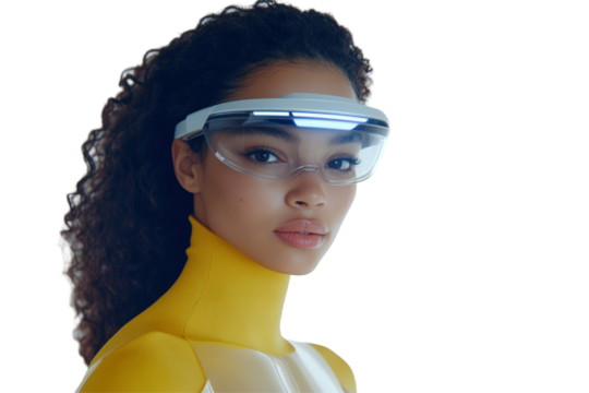 Isolated Woman with Yellow Turtleneck Wearing Futuristic AR Glasses