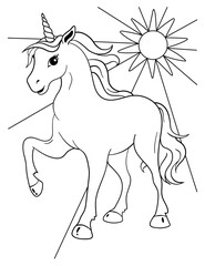 Cute unicorn on the background of the sun. Black and white coloring.