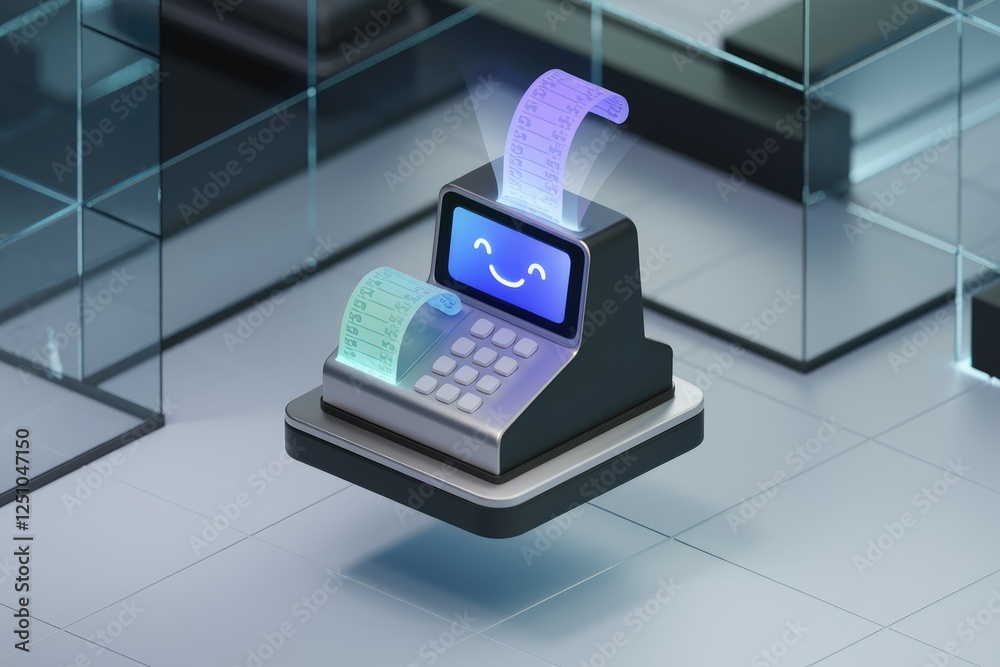 Poster a happy cash register with a digital receipt, symbolizing smooth and joyful transactions.