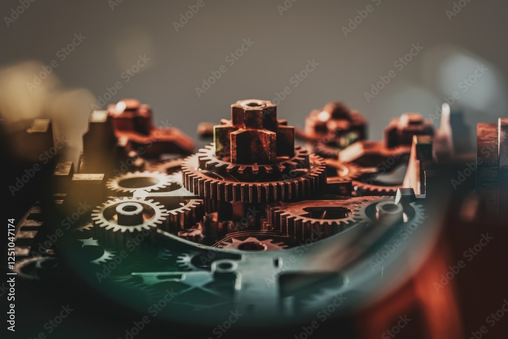 Fototapete Intricate clockwork mechanism with multiple gears interlocked, showcasing precision engineering.