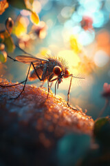Captivating Macro Shot of a Mosquito at Sunrise: Nature's Intricate Beauty Revealed in Exquisite Detail and Vibrant Colors, Highlighting the Serenity of the Environment