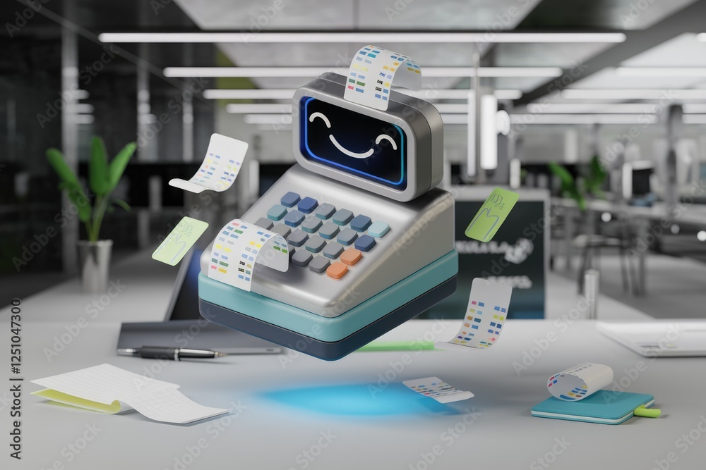Poster a happy retro cash register floats, processing colorful data slips in a modern office.