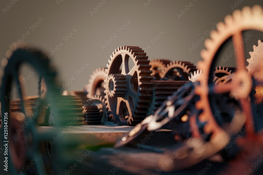 Poster a close-up shot of rusty gears interlocked, evoking a sense of intricate mechanics and vintage indus