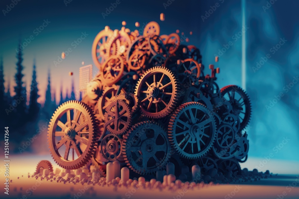 Poster A pile of intricate gears in a surreal landscape, suggesting complex mechanics and intricate systems.
