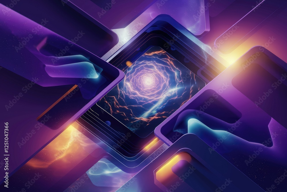 Poster Abstract digital art depicting a vibrant energy vortex within layered geometric shapes, creating a dynamic and futuristic composition.