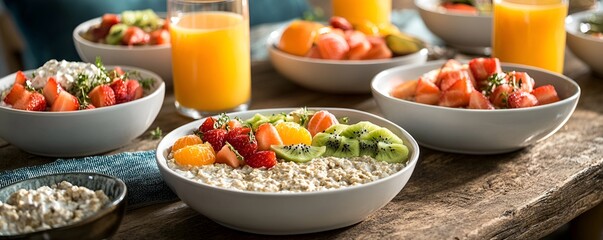 A breakfast table with bowls of oatmeal, fresh fruit toppings, and glasses of orange juice