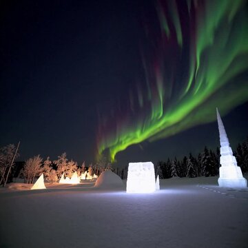 Northern lights blending seamlessly into Light Festival outdoor installations in snowy landscape, Natural greens mix with soft artificial whites for awe-inspiring beauty.