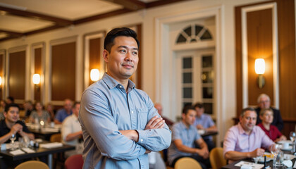 Focused Asian man observing charity event setup in community hall, community support
