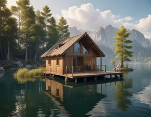 Obraz premium A wooden house partially submerged in the lake , house, lake