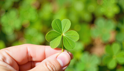 Hand holding four-leaf clover in sunny outdoor setting, good luck charm