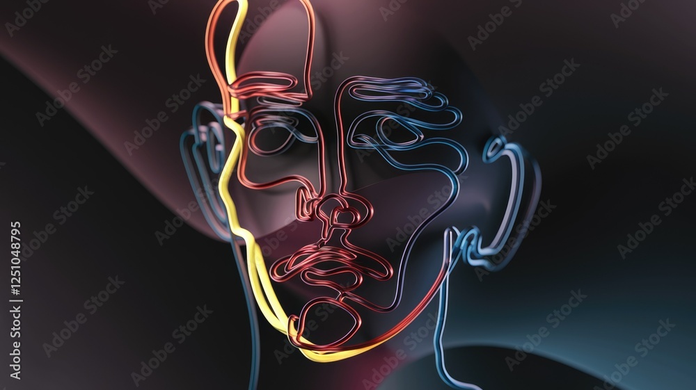 Poster Abstract 3D rendering of a face using colorful neon wireframe lines against a dark background.