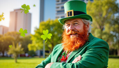 Elderly man wearing leprechaun costume smiles in city park, celebration