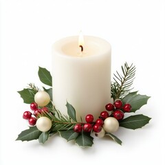 White Candle Surrounded by Greenery and Red Berries for Festivities