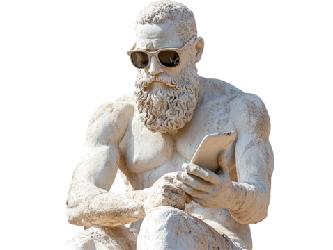Isolated weathered Statue of ancient Man holding Tablet ,and wearing Sunglasses