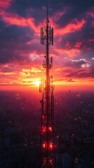 Skyline city telecommunication tower sunset high resolution hd picture