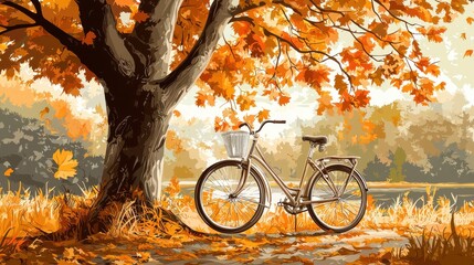 A peaceful autumn scene featuring a vintage bicycle resting against a vibrant tree, capturing the warm colors of fall in a serene outdoor setting.