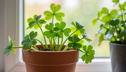 Fototapeta premium Shamrock plant thriving in terracotta pot by window, Saint Patrick’s Day
