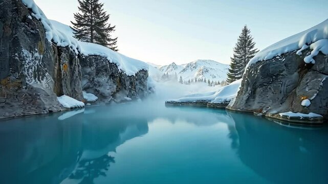 Serene winter landscape with a steaming blue hot spring surrounded by snow