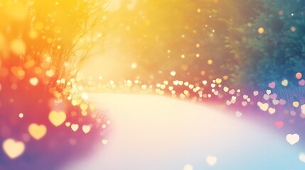 Pathway through glowing bokeh hearts with vibrant gradient colors and blurred nature. Digital illustration with copy space for design and print. Valentine's Day and romance concept.