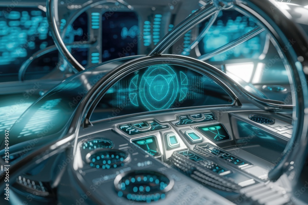 Poster futuristic spaceship cockpit with advanced holographic displays and control panels.