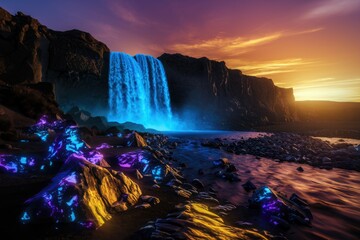 A breathtaking waterfall cascades down a cliff at sunset, illuminating glowing rocks in vibrant blue and purple hues.