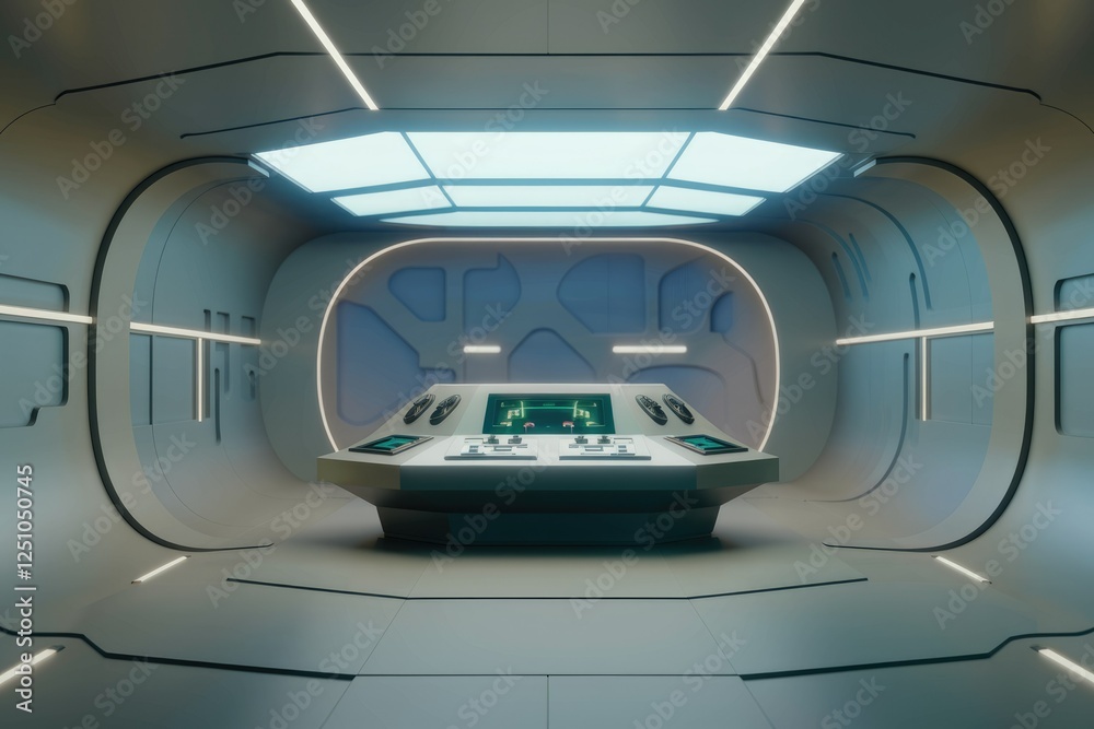 Poster futuristic control room with sleek, minimalist design and advanced technology interface.