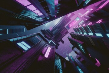 Fototapeta premium A futuristic city scene with neon lights and towering buildings, viewed from a low angle.