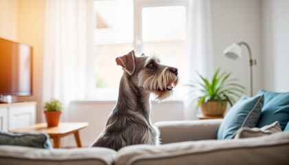 Alert Schnauzer looking out window in cozy living room, pet companionship