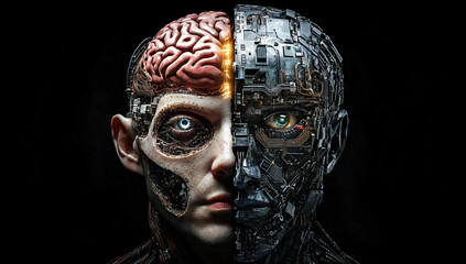 Split Photograph of Half Human Head and Brain with Light, Other Half Robot Face with Circuitry, AI Concept, High Resolution, Detailed, Sharp Focus, Dark Background, Digital Artist Style.