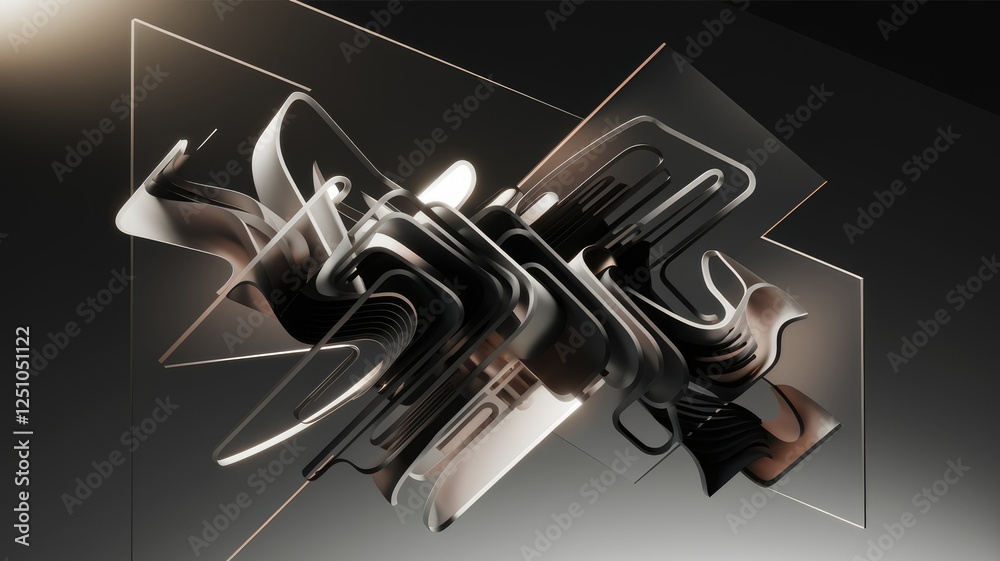 Poster Abstract 3D rendering of interwoven metallic shapes, creating a complex, futuristic design.