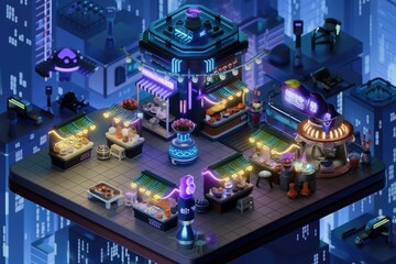 A futuristic rooftop night market scene with neon lights, various food stalls, and flying vehicles.