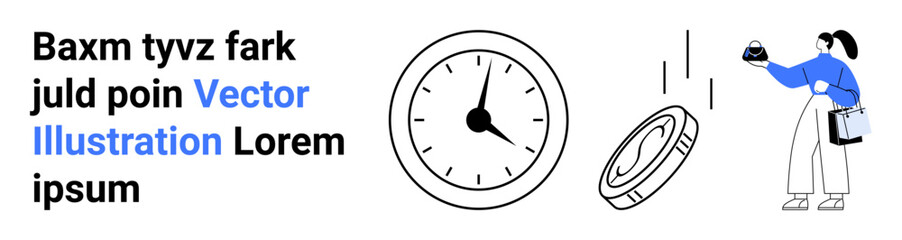 Woman catching coin, large clock, focus on time and financial planning. Ideal for money-saving tips, investment, productivity, time management, financial growth, budgeting advice flat landing page