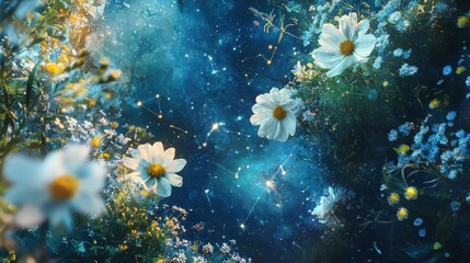 Obraz premium Dreamlike Fusion of Celestial and Botanical Elements in Harmony