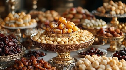A festive gathering table displaying an ornate dish filled with sweets and dates in an elegant presentation