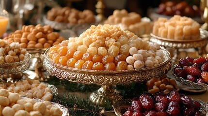 A festive gathering table displaying an ornate dish filled with sweets and dates in an elegant presentation